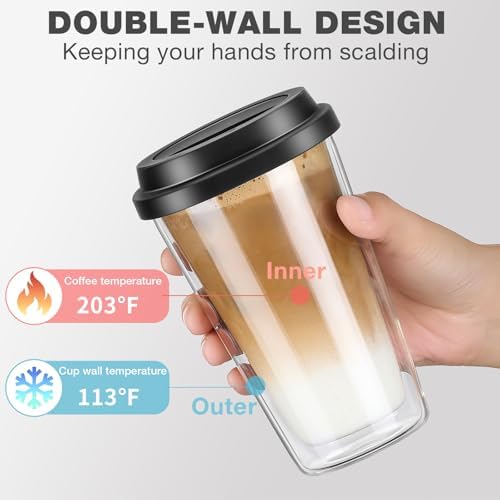 Qipecedm® 2 Packs Double Walled Glass Coffee Mugs with Silicone Lids, 12 OZ Reusable Glass Coffee Cups, Insulated Coffee Mugs, Cappuccino,Tea,Latte,Iced Coffee Cups, Glass Travel Mug, Heat Resistant - Image 2