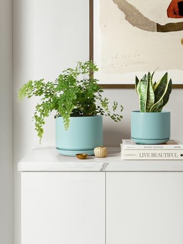 LE TAUCI Ceramic Plant Pots, 4.3+5.3+6.8 inch, Set of 3, Planters with Drainage Hole and Saucer, Indoor Flower Pot with Hole Mesh Pad, Gifts for Mom, Aqua - Image 2