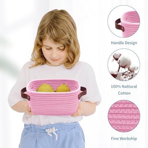ABenkle Small Storage Basket, Mini Baskets with Handle, Cute Cotton Woven Baskets for Shelves, Boho Decorative Toy Storage Bin for Nursery, Spa, Empty Gift Basket - XS, Pink - Image 5