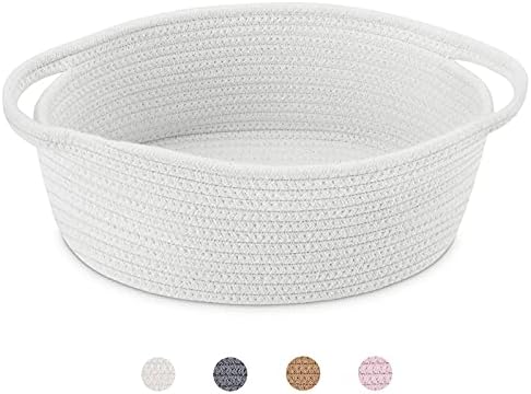 ABenkle Small Basket with Handles, Boho Decorative Rope Woven Dog Cat Toy Storage Bin Shelf Storage Organizer, Easter Christmas Gift Basket, 12"x8"x5", White by ABenkle