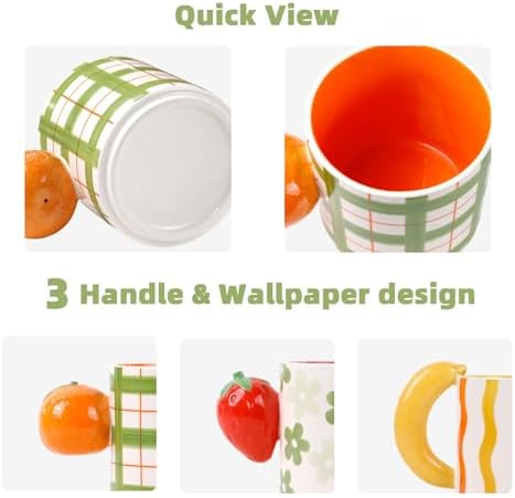 DIF DECO Ceramic Coffee Mugs Set of 3, Stackable Funny Tea Cup with Unique Fruit Shape Aesthetic Mug with Handle for Latte/Cappuccino/Cocoa - Microwave and Dishwasher Safe (14oz) - Image 4