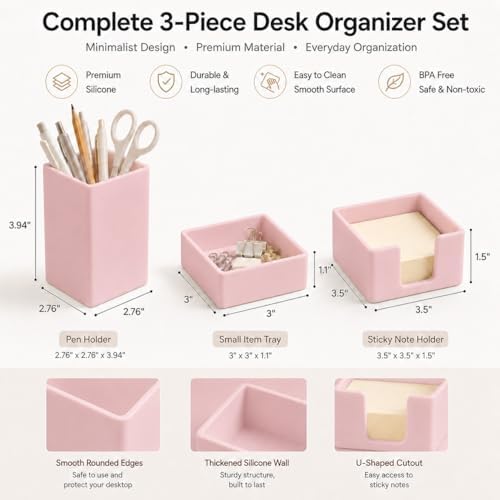minimaliving Aesthetic Silicone Desk Organizer Set of 3,Modern Office Desk Accessories with Pen Holder,Paperclip Tray,Sticky Note Holder,Stylish Functional Office Desk Decor for Back-to-school(Pink) - Image 7
