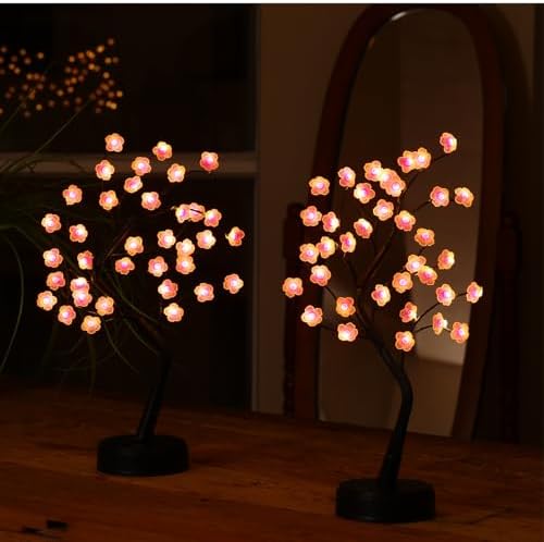 2 Pack Cherry Blossom Tree Lamp, 18inch 36 Led Bonsai Tree Lights, Battery/USB Operated Japanese Decor Night Lights for Teacher Appreciation Graduation Back to School Bedroom Home Gift, Warm White by nakolulu