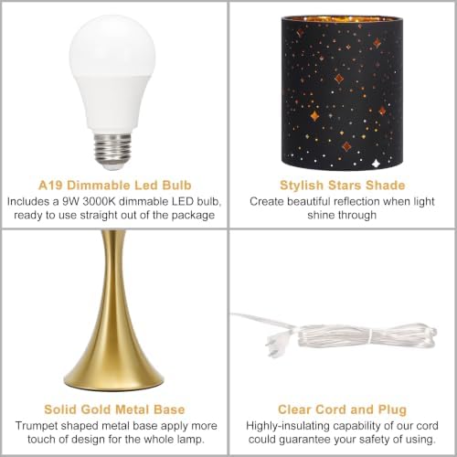 Touch Table Lamp,3 Way Dimmable Gold Bedside Lamp with Black Star Shade - Image 6