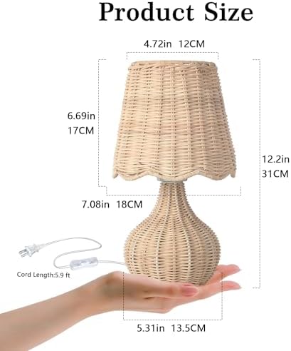 Ziqqeelam Rattan Small Bedside Table Lamp for Bedroom, Boho Mini Table Lamps for Nightstand, Farmhouse Small Table Lamps for Small Spaces for Kitchen Counter, Bookshelf, Bedroom, Kids Dorm - Image 2