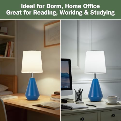 Small Bedside Table Lamp for Bedroom - Reading Desk Lamp with 3 Color Temperatures，15.5" Nightstand Ceramic Lamp with Fabric Shade for Kids Room,Living Room,Dorm,Home Office (Blue+White) - Image 4