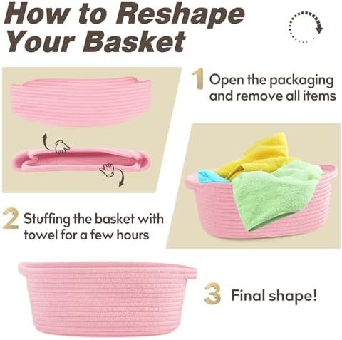 Pro Goleem Small Woven Basket with Gift Bags and Ribbons Durable Baskets for Gifts Empty Small Rope Basket for Storage 12"X 8" X 5" Baby Toy Basket with Handles, Pink - Image 6