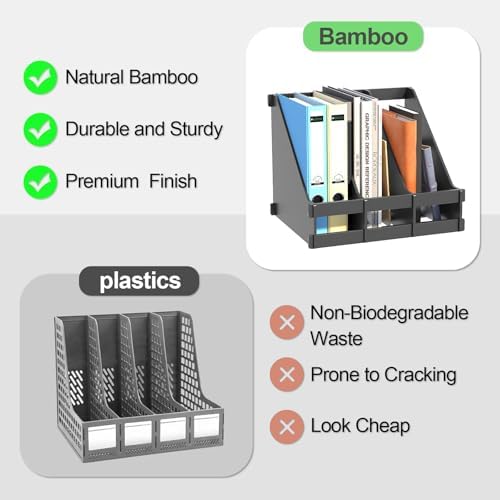 Bamboo Desk File Organizer, 3 Compartment Magazine Holder for Home Office(Black) - Image 5