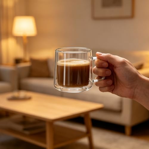 CNGLASS 10oz Glass Coffee Mugs,Double Wall Insulated Glass Mugs with Handle,Clear Espresso Mug for Latte,Cappuccino,Tea Bag,Set of 4 - Image 6