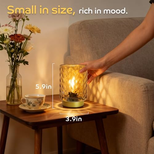 LUSHARBOR Battery Operated Lamp with Timer, Small Decorative Table Lamp Ambient, Glass Cordless Lamps Bedside Battery Powered Lamp for Bookshelf, Entryway Wave Design-Amber - Image 5
