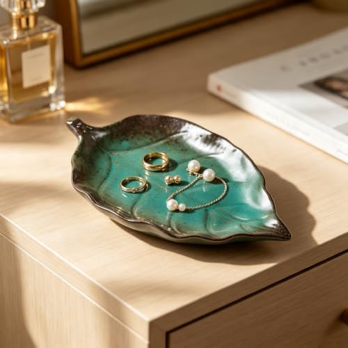 Ceramic Leaf Jewelry Dish,5.9in Jewelry Tray,Ring Holder Dish(Blue) - Image 2