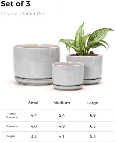 Ceramic Planters,Plant Pots with Saucers Set of 3(Reactive Glaze White) - Image 3