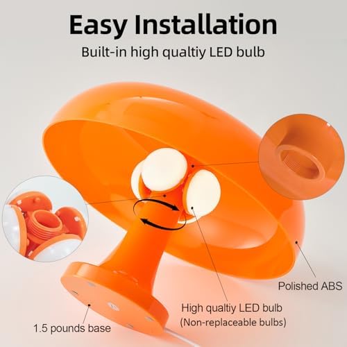 Orange Bedside Lamp for Bedroom Nightstand, Retro Mushroom Table Lamp with 3 Lighting Color and 10 Brightness Level, Desk Lamp for Reading Room/Office/Dorm(W11'' x H7.67'', USB Powered) - Image 6