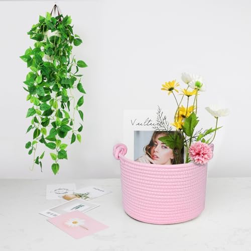 ABenkle Small Woven Basket, Cotton Rope Shelf Storage Basket, Small Round Basket, Cute Basket, Decorative Round Bin for Nursery Bedroom Bathroom, 9.4" x 9.4"x 7.1" Empty Gift Basket- Pink - Image 7