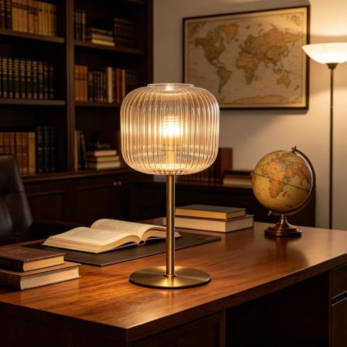 Green Glass Table Lamp Mid Century Modern Table Lamp for Bedroom Nightstand Gold Small Night Light Vintage Decorative Brass Desk Lamp for Living Room Study (L Amber Lamp) - Image 3