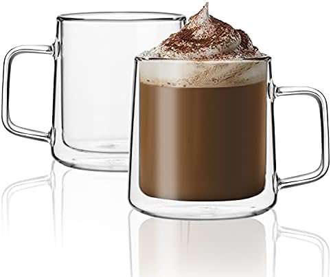 CNGLASS 12oz Glass Coffee Mugs,Double Wall Insulated Glass Cups with Handle,Clear Espresso Mugs for Latte,Cappuccino,Tea Bag,Set of 2 by CNGLASS