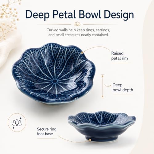 Dark Blue Lotus Ceramic Jewelry Dish Tray, Aesthetic Flower Shaped Trinket Tray for Rings Earrings Necklace, Minimalist Vanity Organizer Plate, Elegant Nightstand Bathroom Desk Decor Gift for Women - Image 5