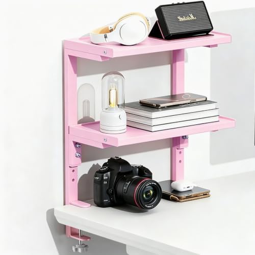 Spacrea Clamp on Desk Shelf, 2 Tier Office Desk Shelves Organizer, Wood Desktop Supplies Storage Rack, Desk Organizers and Accessories (Pink) by Spacrea