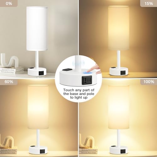 Fenmzee White Bedside Lamp for Bedroom, Dimmable Touch, USB A+C, AC Outlet - Image 3