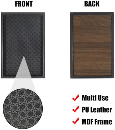 Valet Tray Leather Base Wooden Catchall Tray, Black Rattan Weave - Image 4