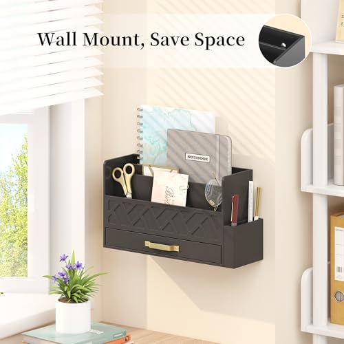 Wisuce Bamboo Mail Organizer Countertop with Drawer and Pen Holder, Black - Image 3