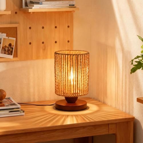 Handmade Rattan Lamp Boho Table Lamp for Bedroom, Stepless Dimming Small Woven Lamps for Night Stands with Warm White LED Bulb, Coastal Boho Lamp for Living Room Reading Nook Office Desk - Image 7
