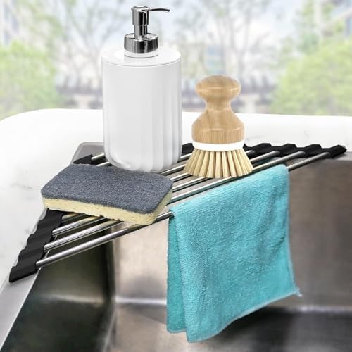 Corner Dish Drying Rack, Kitchen Sink Caddy Sponge Holder, Triangle Over The Sink Dish Drying Rack for Kitchen Counter, Roll Up Dishes Drainer Mat RV Essentials Organization and Storage Shelf, Black by SeropyDirect