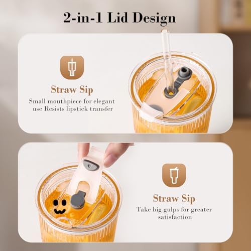 20oz Iced Coffee Cups with Lids, Ribbed Glass Cups with Lids and Straws - Image 5