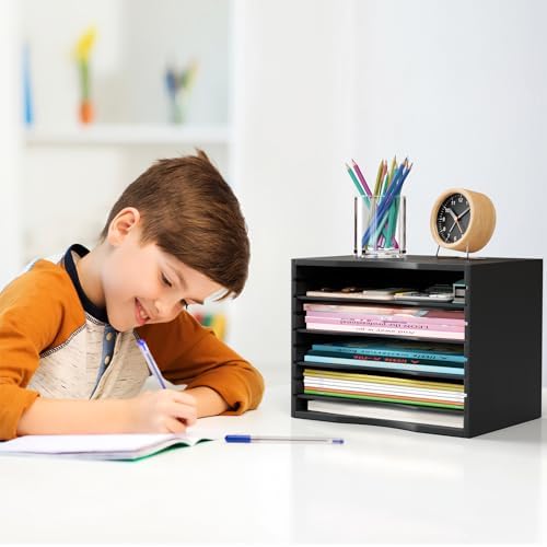 Bamjoy Wood 5 Tier Desktop Organizer, Paper Organizer Mail Sorter, File Holder Letter Document Storage with Adjustable Shelves for School Home Office, Black - Image 4
