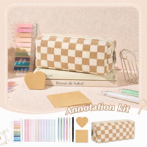 22Pcs Book Annotation Kit Aesthetic Pencil Case with Supplies School Annotation Supplies Gel Pen Transparent Sticky Note Taking Bible Study College Stationery Supplie (Beige Checkered) - Image 4