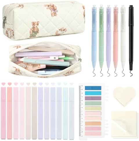 Aileam 22Pcs Book Annotation Kit Aesthetic Pencil Case with Supplies School Annotation Supplies Gel Pen Transparent Sticky Note Taking Bible Study College Stationery Supplie (Bear Cub Print) by AILEAM