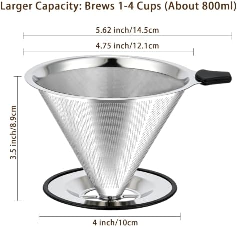 Large Size Pour Over Coffee Dripper, Stainless Steel Coffee Filter, Paperless Reusable Coffee Filter, Double Micromesh 600 Mesh Strainer Coffee Maker with Heat-Resistant Silicone Handle & Base - Image 3