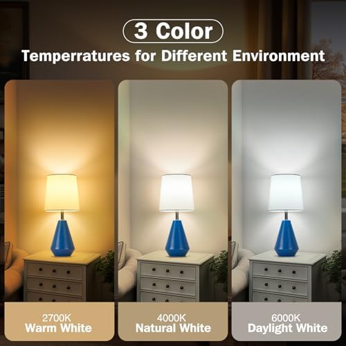 Small Bedside Table Lamp for Bedroom - Reading Desk Lamp with 3 Color Temperatures，15.5" Nightstand Ceramic Lamp with Fabric Shade for Kids Room,Living Room,Dorm,Home Office (Blue+White) - Image 2