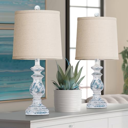 PARTPHONER Traditional Table Lamp Set of 2, Rustic Farmhouse Table Lamps for Living Room Bedroom, 22" Bedside Desk Lamps Vintage Nightstand Lamps with Linen Shades, Washed Blue by PARTPHONER