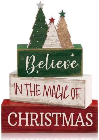 Moucuny 4 Pcs Christmas Table Decorations Rustic Christmas Tree Stacked Wooden Sign Decor Red Green and White Winter Tiered Tray Decor Xmas Table Centerpiece Farmhouse for Home Kitchen Shelf by Moucuny