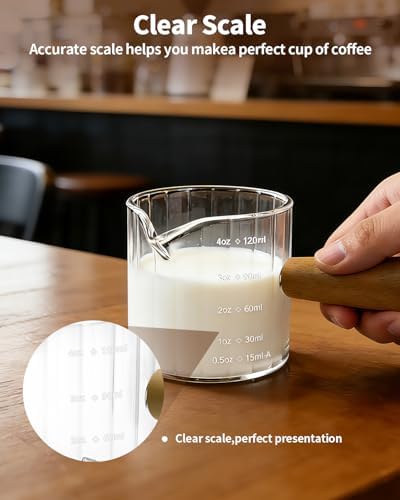Espresso Measuring Cup 4 Oz, Espresso Glass Cups with Wood Handle, Milk Frothing Cup, Espresso Cup for Coffee, Milk, Tea or Maple Syrup Serving (Transparent, 4 oz) - Image 4