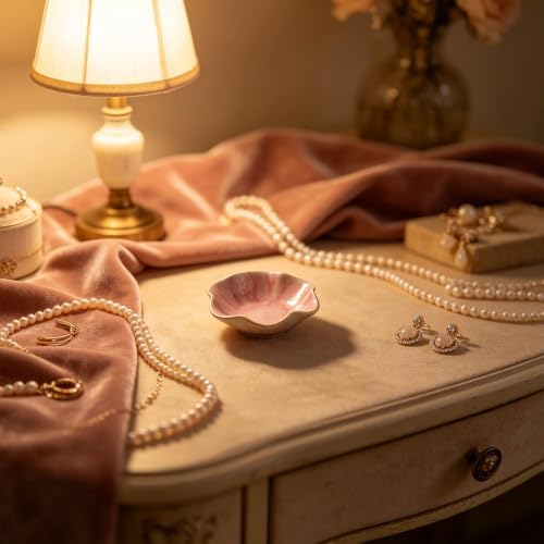Ceramic Trinket Tray, Petal Shaped Catchall for Vanity, Nightstand or Desk, Small Organizer for Jewelry and Tiny Essentials Ceramic Trinket Tray Jewelry Vanity Catchall Tabletop Organizer Nightstand - Image 4
