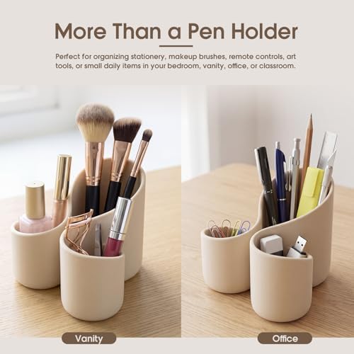 Aesthetic Desk Organizer Boho Pen Holder Modern Pencil Holder Beige Plastic Makeup Brush Organizer for Office Desk Accessories Stylish Home Office Art Decor Supplies (3 Slots) - Image 5