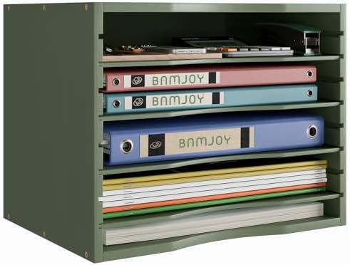 Bamjoy Bamboo 5 Tier Desktop Organizer, Paper Organizer Mail Sorter, File Holder Letter Document Storage with Adjustable Shelves for School Home Office, Forest Green by Bamjoy