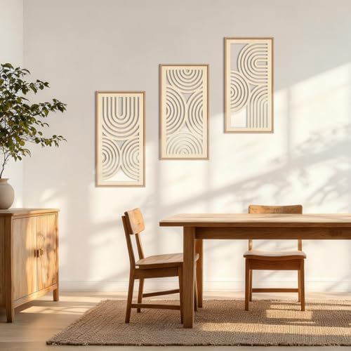 IARTTOP Boho Wooden Framed Wall Art Set of 3 Mid-Century Modern Wood Wall Decor Minimalist Natural Bohemian Home Decor for Living Room Dining Room Office - Image 4