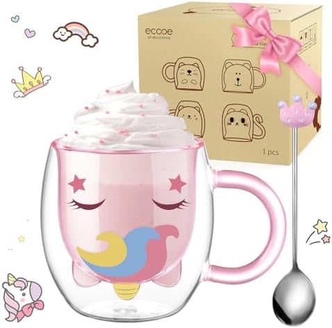ecooe Cute Unicorn Mug Double Walled Glass Mug 9.4oz Coffee Milk Tea Cup by ecooe