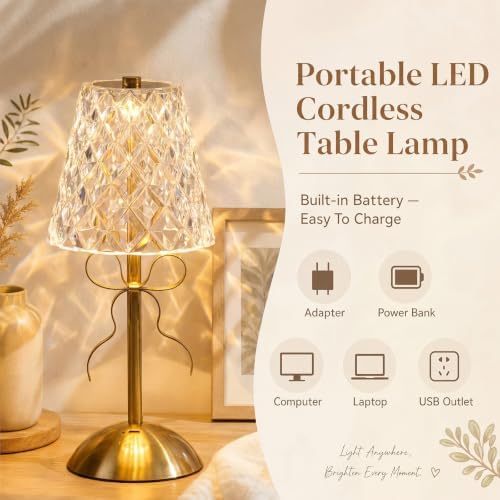Liliful 2 Pcs Cordless Table Lamp LED Touch, Gold, Diamond Style Bow - Image 3