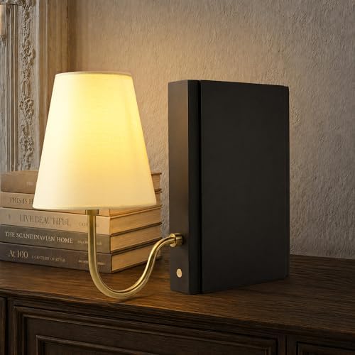 AELS Solid Wood Bookshelf Lamp with Bulb, 3-Color Touch Control Dimmable Table Lamp with Linen Shade, Modern Decorative Bookend Lamp for Bedroom, Office & Bookshelf Decor, Black by AELS