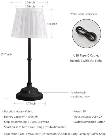 KDG Black Cordless Portable LED Table Lamp, White Fabric Shade Desk Lamp - Image 5