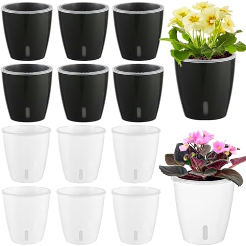 Self Watering Pots for Indoor Plants, 12-Pack 5'' Self Watering Planter with Drainage Holes, Small African Violet Pots with Water Level Indicator, Clear Wick Pot, White/Black by KvyusFlourish