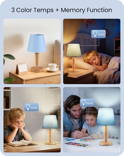 12" Wood Bedside Table Lamps Set of 2, Small Desk Lamps for Small Places, 3 Color Temperatures with Memory, Blue Linen Shade & E26 Bulbs, for Bedroom Living Room Office MU13TLP205 - Image 2