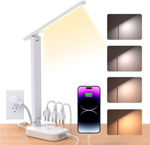 One Beat Small LED Desk Lamp Power Strip 5ft Extension Cord with 3 Outlets 4 USB Ports(2 USB C), 4 Modes, 5 Level Touch Lamp Study Reading Light, Home Office Bedroom College Dorm Room Essentials,White by OneBeat