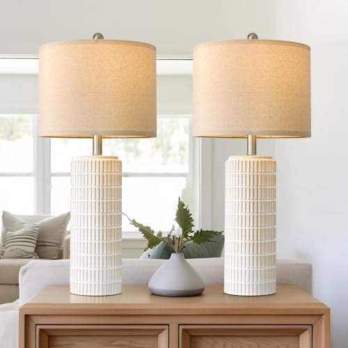 PoKat 27.5'' Tall Table Lamps for Living Room Set of 2, Ceramic Bedroom Lamps for Night Stands, Modern Bedside Lamps for Bedroom Living Room, Nightstand Lamps for End Table, Hallway, Gold and White - Image 2