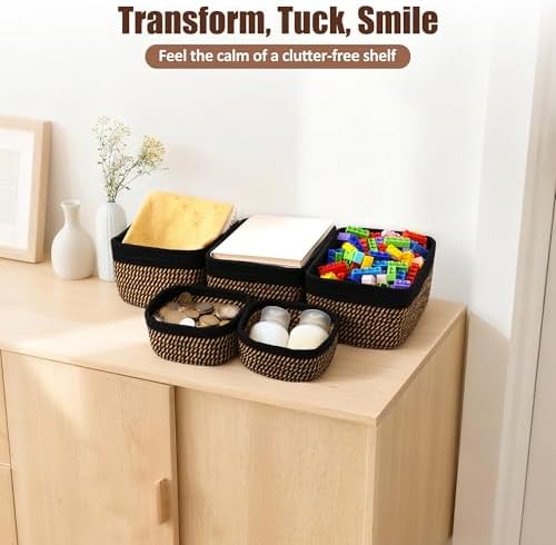 5-Pack Small Woven Rope Storage Baskets, 2 Sizes Organizer Bins - Image 5