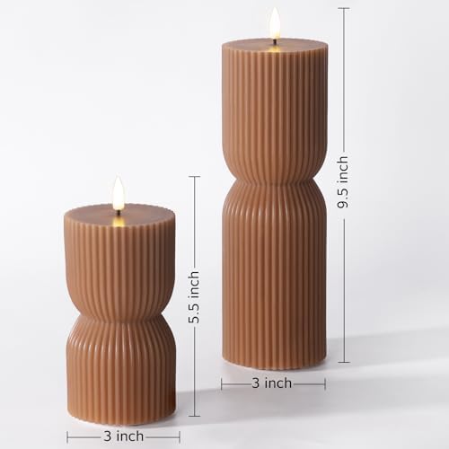 Brown Ribbed Fall Flameless Pillar Candles with Remote Set of 2 - Image 2